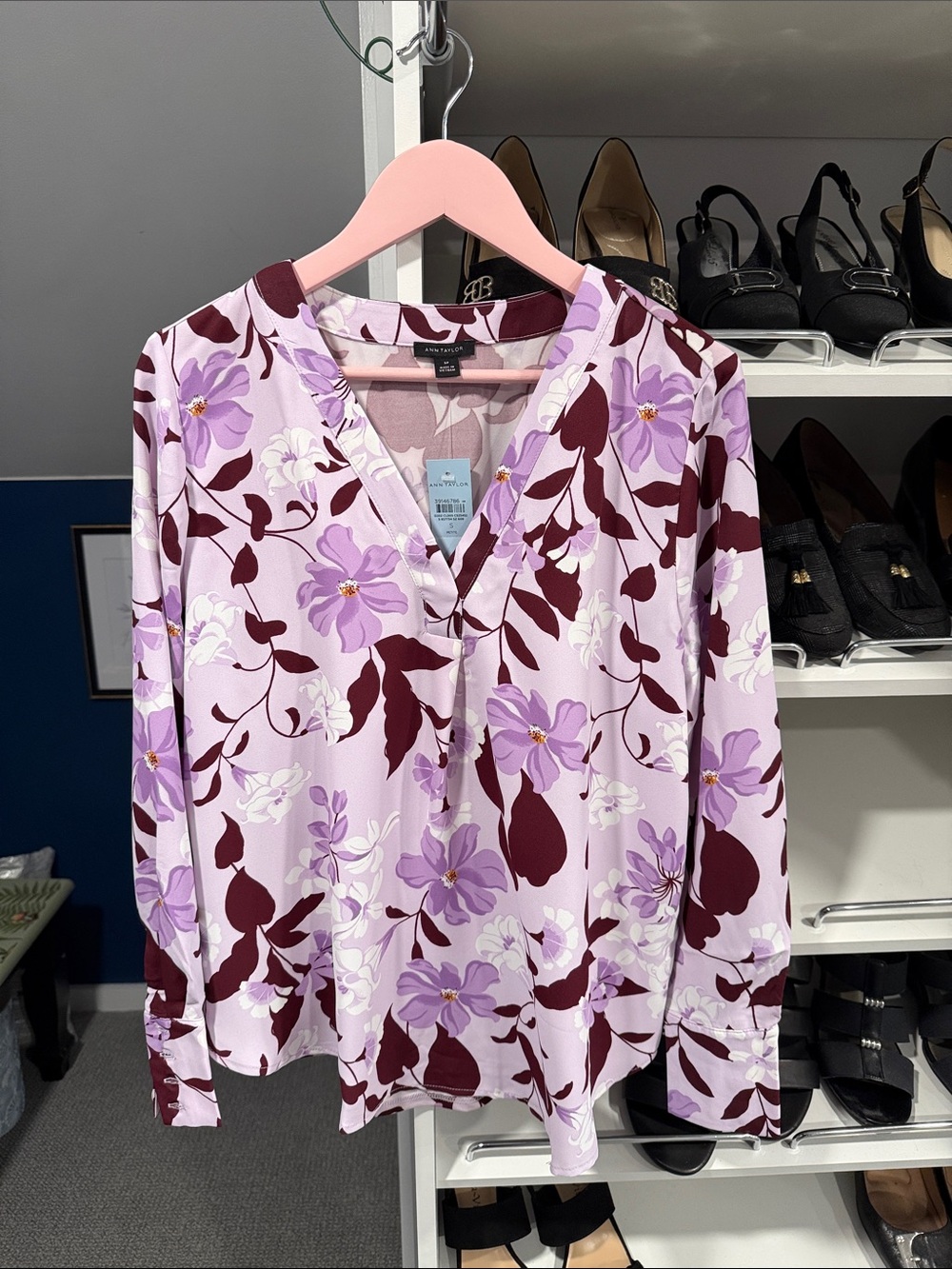 Ann Taylor Lilac Floral V-Neck Blouse with Maroon Leaf Print